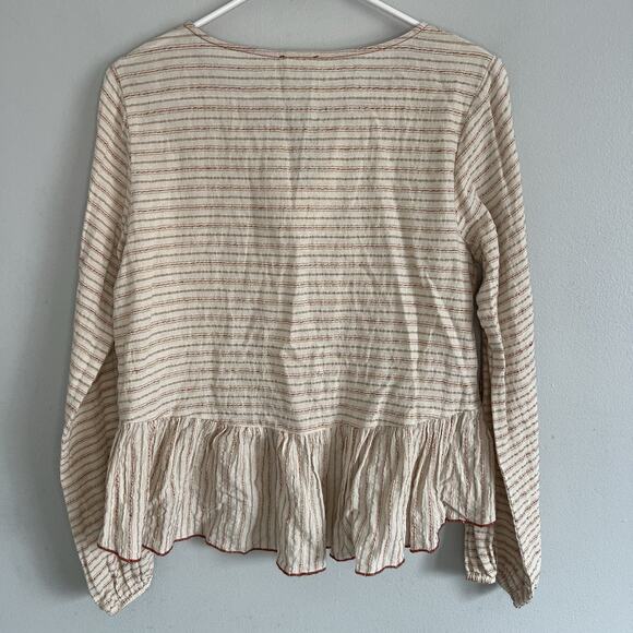 Hem & Thread Boho Peplum Ruffle Long Sleeve Pullover Top Sz L Beige Linen Cotton - Picture 11 of 11